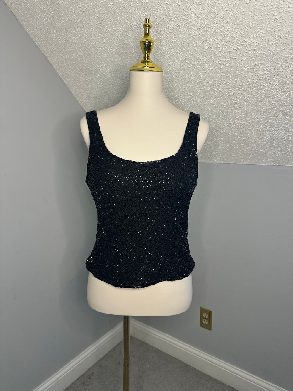 Vintage Cache Black Corset Style Beaded 100% Silk Top Sz Large READ